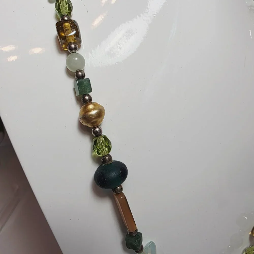 Beaded Necklace – Mixed Glass, Star Beads, Green & Gold Tones